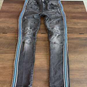 Supply & Demand New York City Distressed Moto Jeans 36W Blue White Side Stripe D